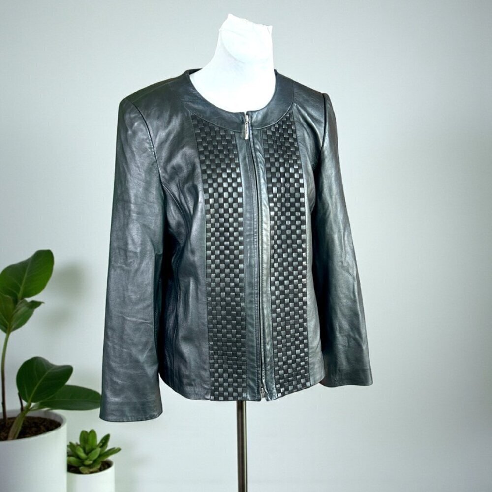 tesori Woven Black Leather Classic Moto Full Zip Jacket Size Large NWOT